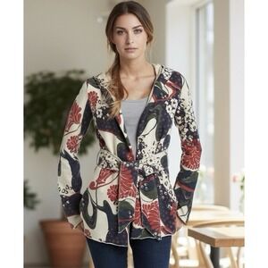 Lucky Brand Japanese Floral Belted Jacket With Hood Cotton Size Large Y2K Boho